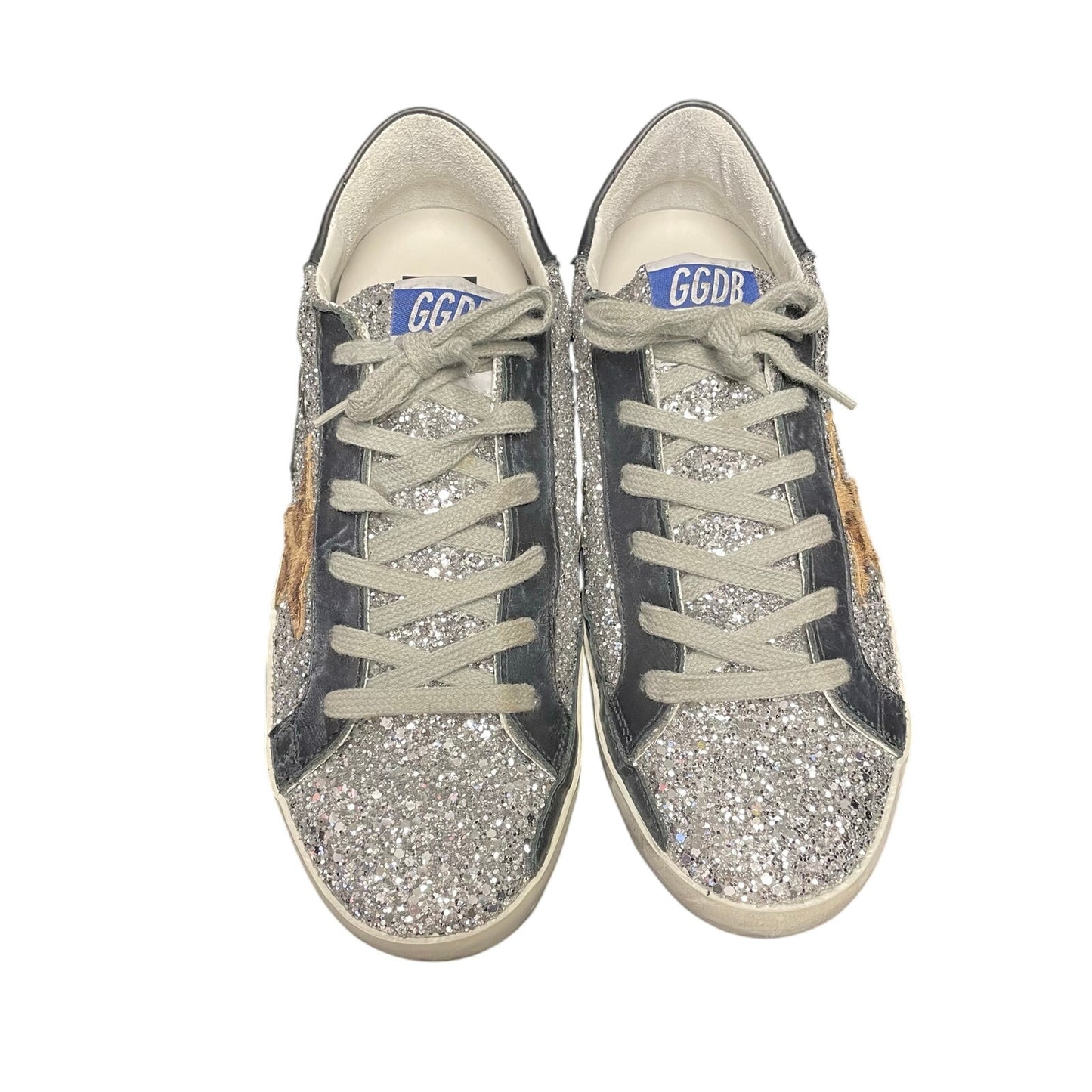 Golden Goose Superstar Silver Glitter Animal Print Star Sneakers Size 39 / US 9