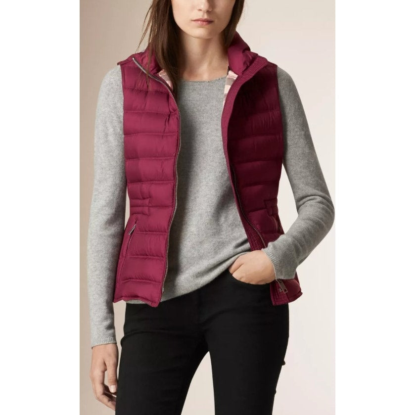Burberry Brit Cranstead Check Quilted Down Vest Puffer Gilet Garnet Pink XS