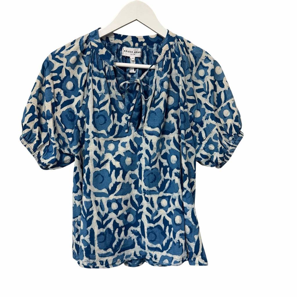 Apiece Apart Lumina Popover Blouse Organic Cotton Batik Floral Indigo Print XS