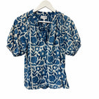 Apiece Apart Lumina Popover Blouse Organic Cotton Batik Floral Indigo Print XS