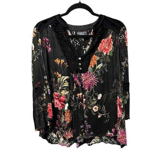 Johnny Was Workshop Black Multicolor Floral Print Velour Top Womens Size Small
