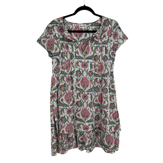 Vintage Ibiza Pink Green Floral Print Short Sleeve Cotton Dress Womens Small