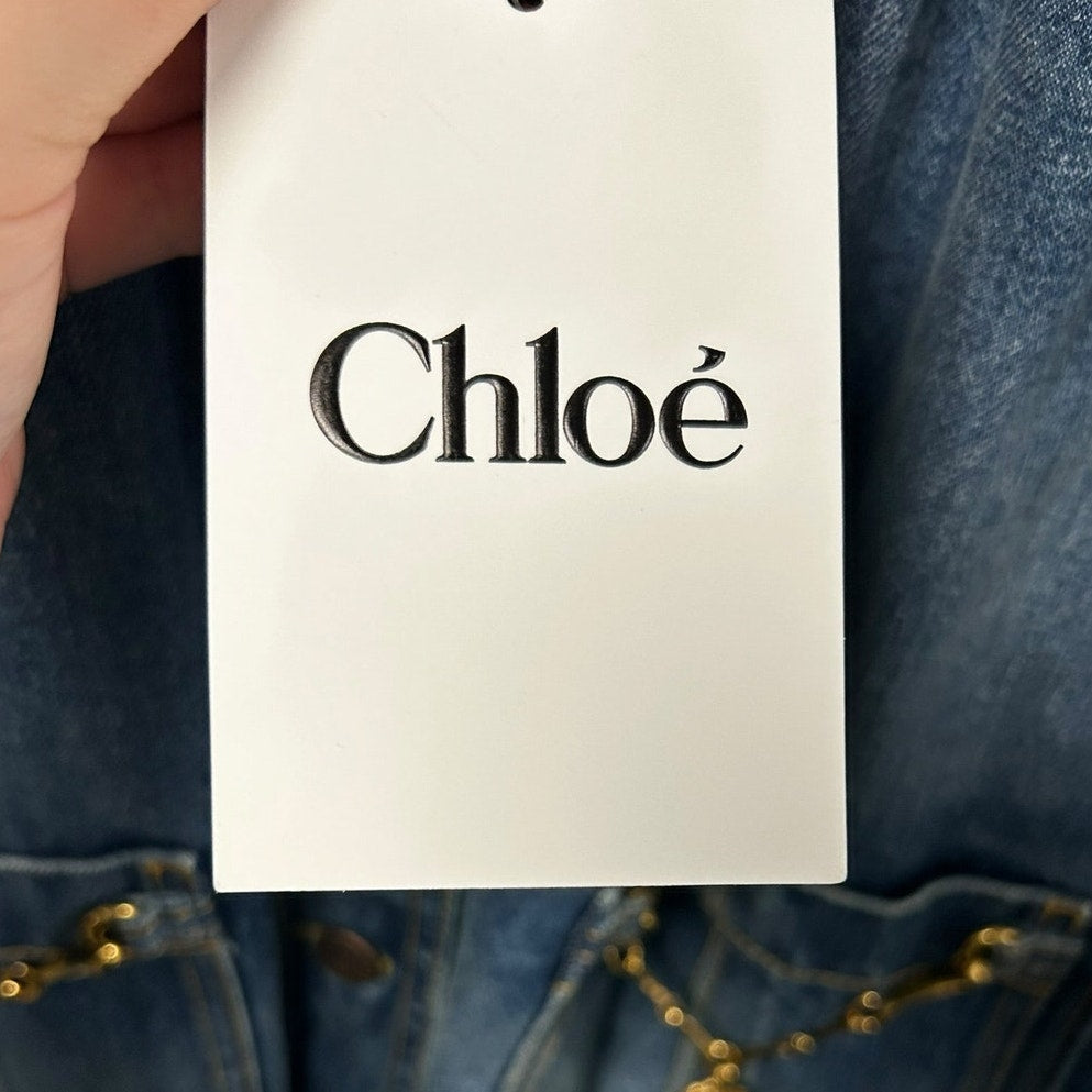 NWT Chloe High Neck Faded Indigo Chain Detail Denim Jacket Womens 36 / US 4