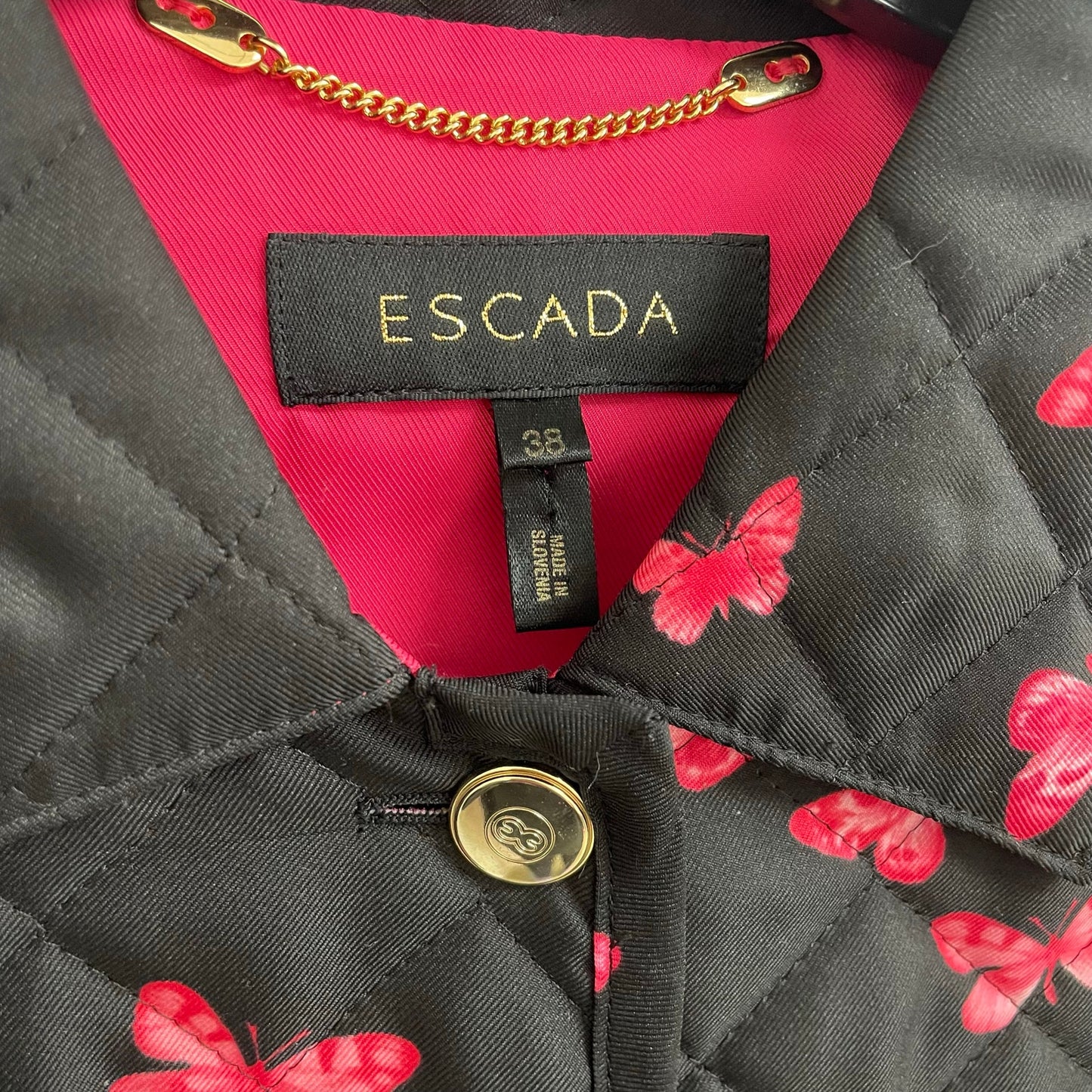 Escada Black Pink Butterfly Print Button Up Quilted Jacket Womens Size 38 / US 8