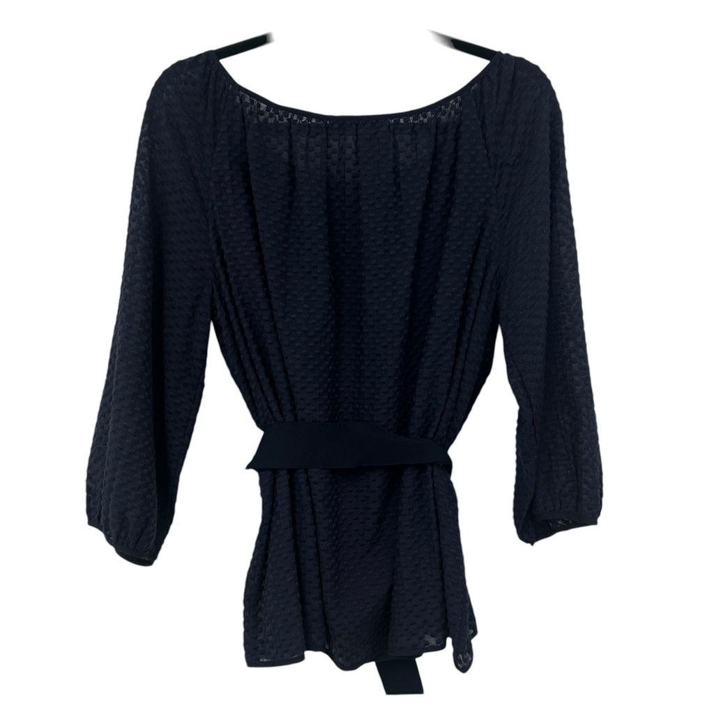 Carolina Herrera Cotton Silk Blend Navy 3/4 Sleeve Belted Blouse Womens 12