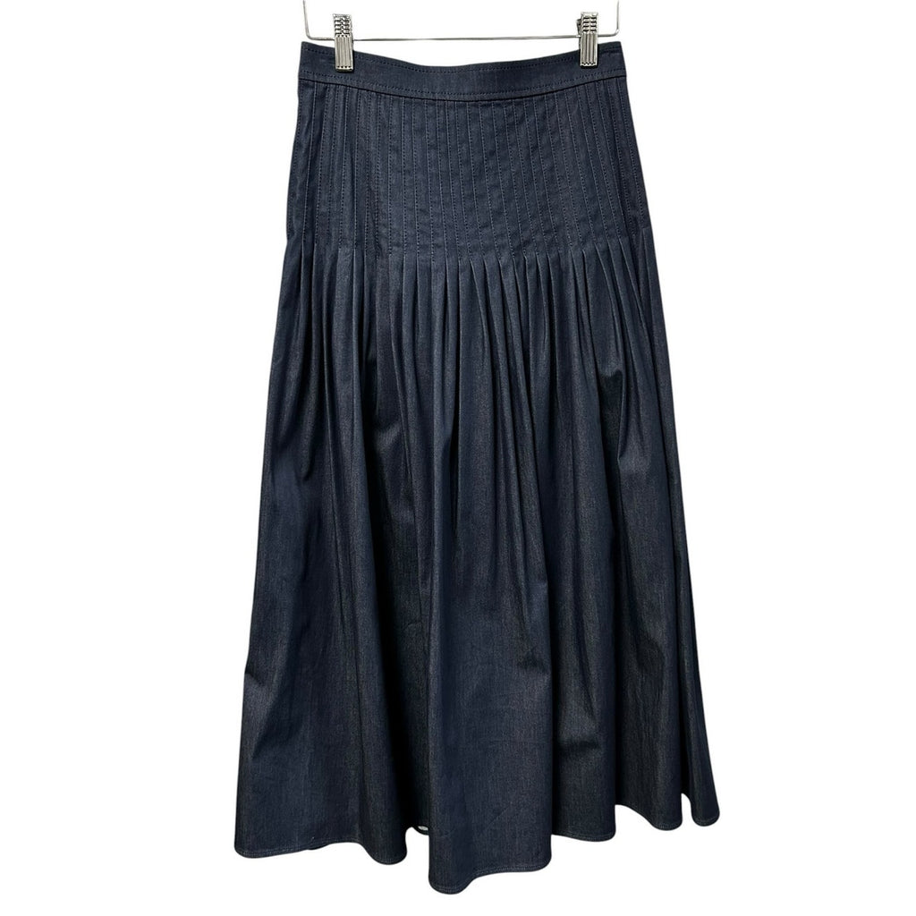 NWT Carolina Herrera Dark Navy Denim Pleated A Line Midi Skirt Womens 0