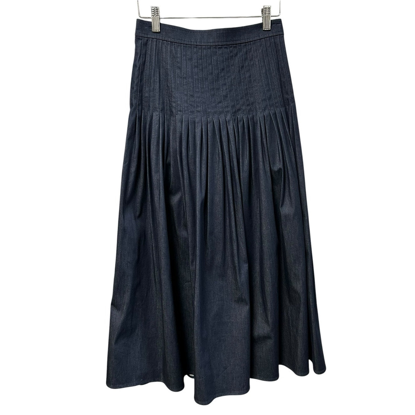 NWT Carolina Herrera Dark Navy Denim Pleated A Line Midi Skirt Womens 0