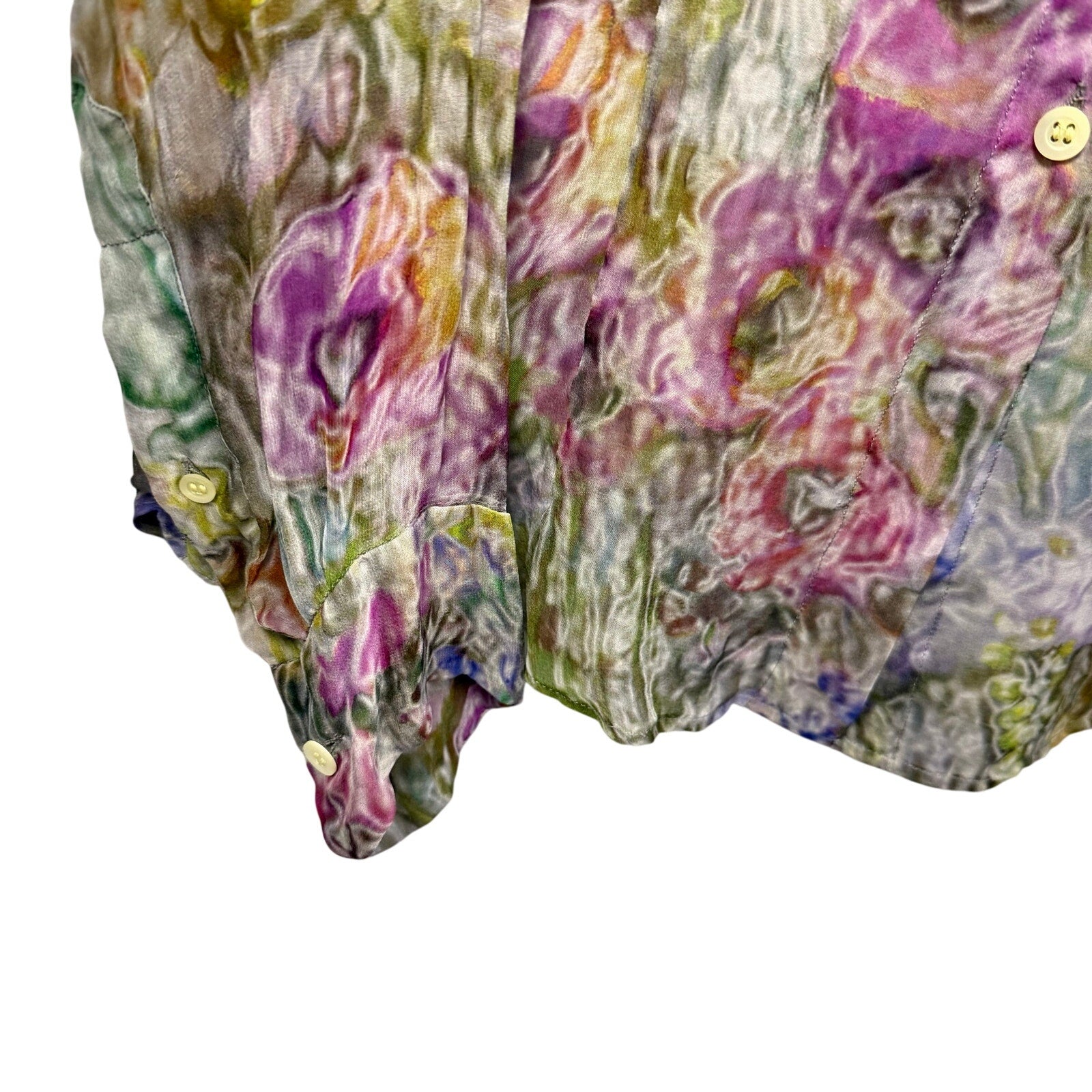 Dries Van Noten Cloudy Floral Sheer Silk Button Up Shirt Green Multi Womens US 6