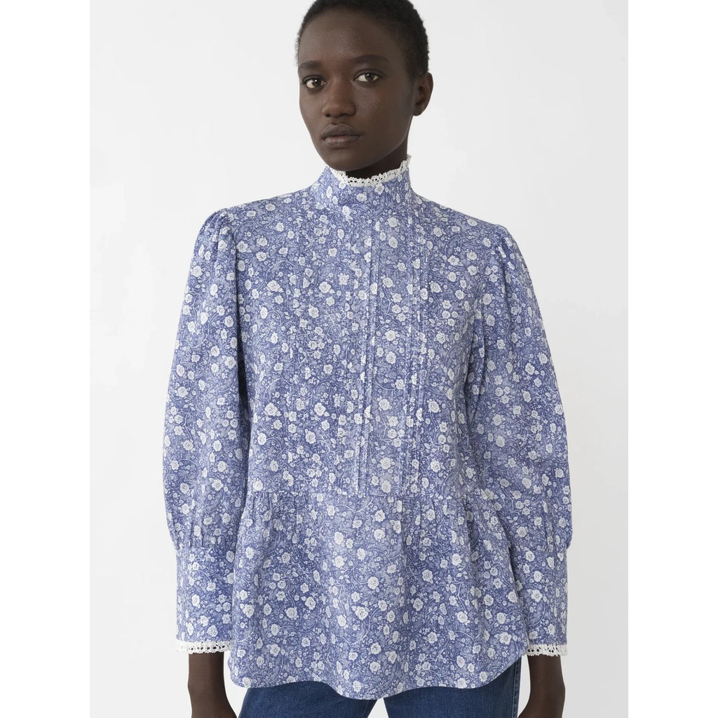 NWT See By Chloe Blue White Floral Print High Neck Blouse Womens 36 US 4 Modest
