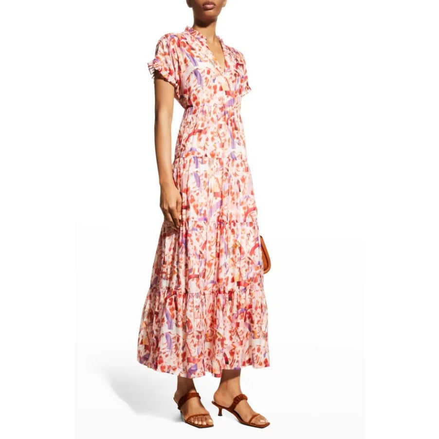 Marie Oliver Multi Color Short Sleeve V Neck Farah Tiered Maxi Dress Women Small