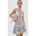 NWT Casablanca Silver Sequin Embellished Crochet Mirror Mini Dress Womens Small