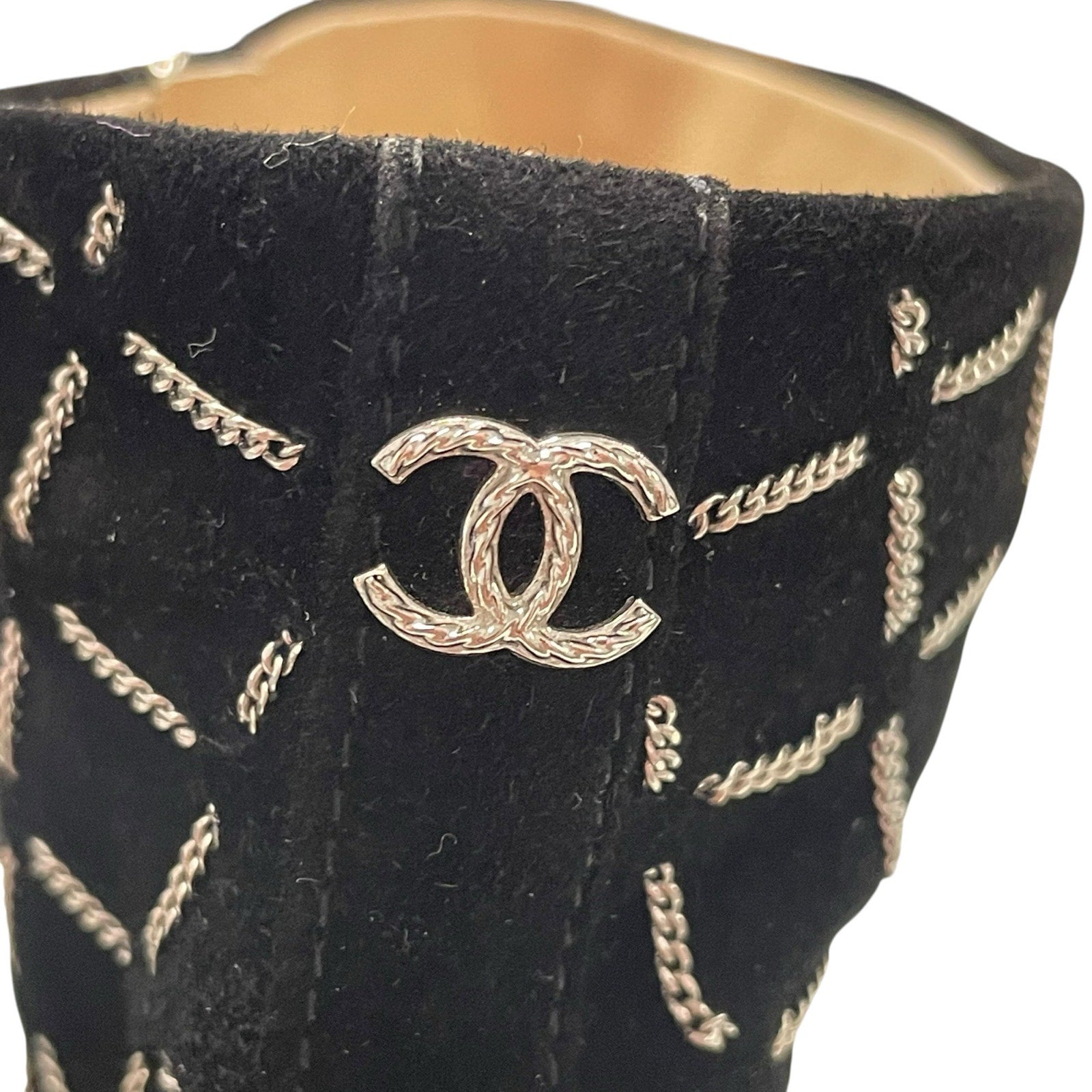 Chanel Black Suede Block Heel Chain Embellished CC Logo Short Boot Size 39 / 9
