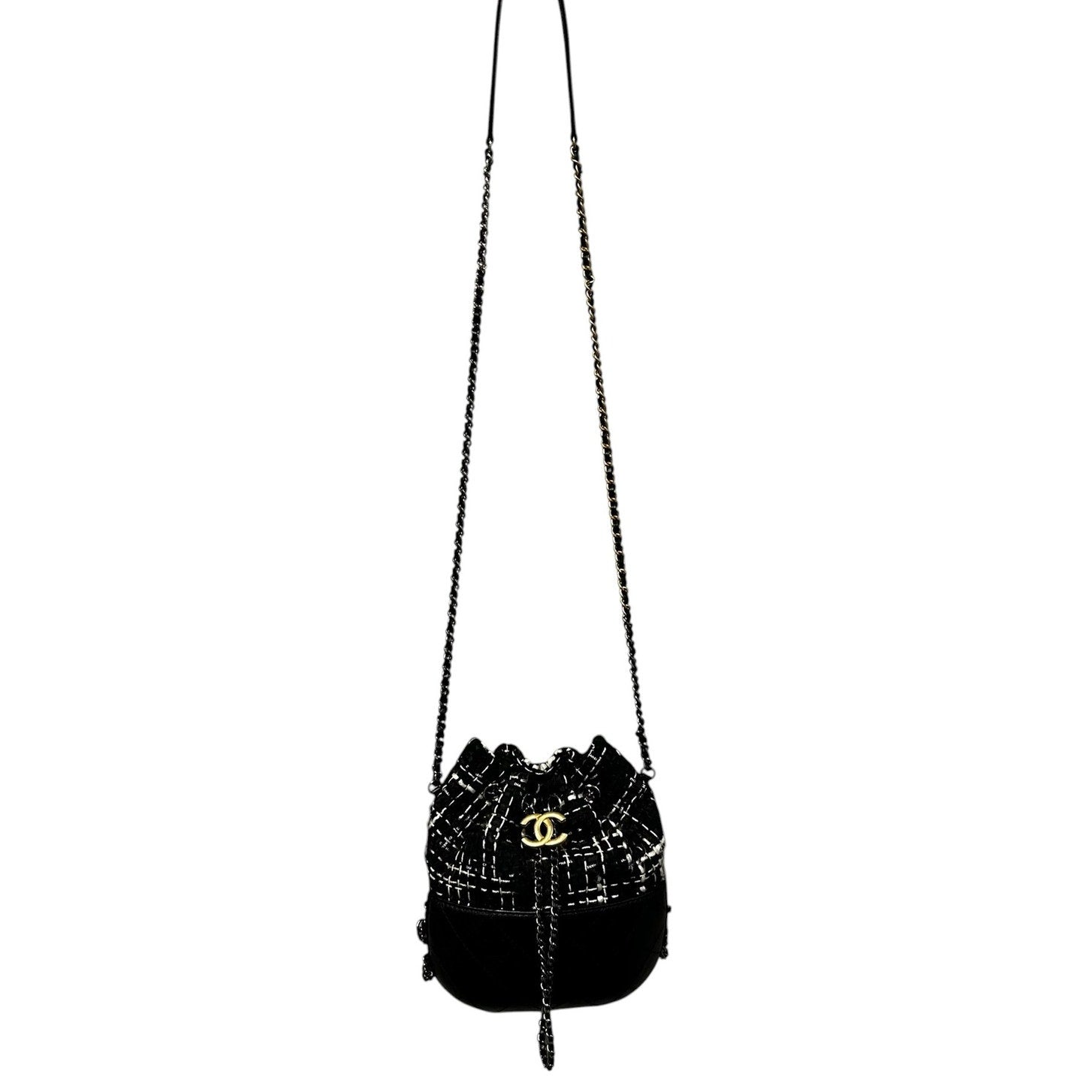 Chanel Gabrielle Black & White Tweed Leather Drawstring Bucket Bag