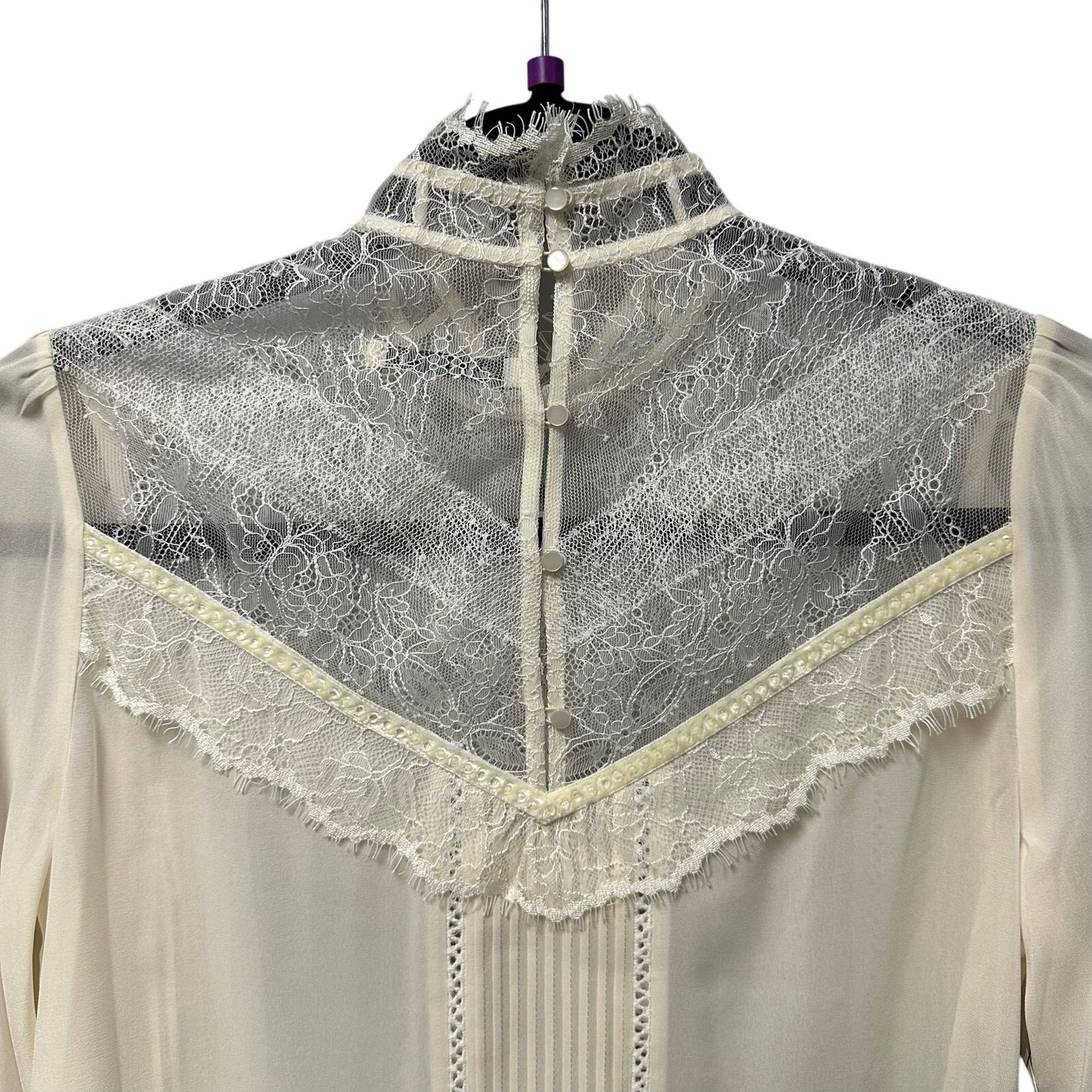 NWT Alice + Olivia Brett Victorian Sleeve Trumpet Neck Blouse Cream Womens Small