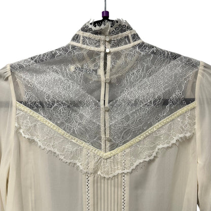 NWT Alice + Olivia Brett Victorian Sleeve Trumpet Neck Blouse Cream Womens Small