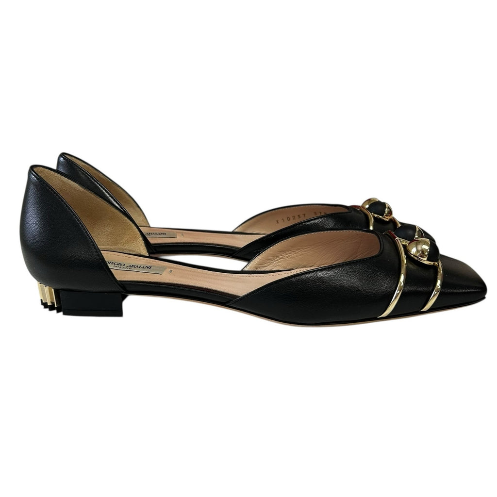 Giorgio Armani Black Leather Gold Hardware Square Toe Flats Womens 37.5 / US 7.5