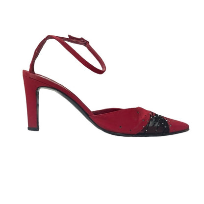 St. John Red Black Beaded Lace Ankle Strap Closed Toe Heels Womens 6.5