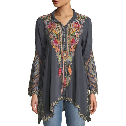 Johnny Was Festival Georgette Tunic Navy Multicolor Embroidery Womens Medium