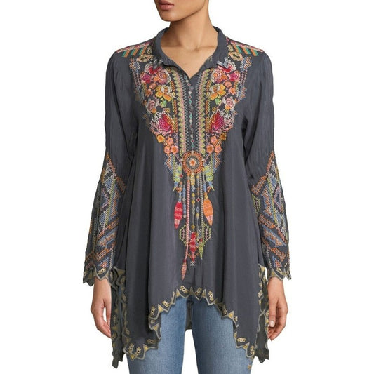 Johnny Was Festival Georgette Tunic Navy Multicolor Embroidery Womens Medium