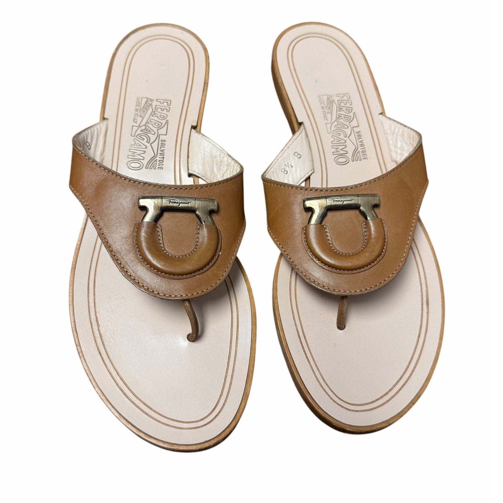 Salvatore Ferragamo Tan Leather Hardware Logo Emblem Thong Sandal Womens 8.5