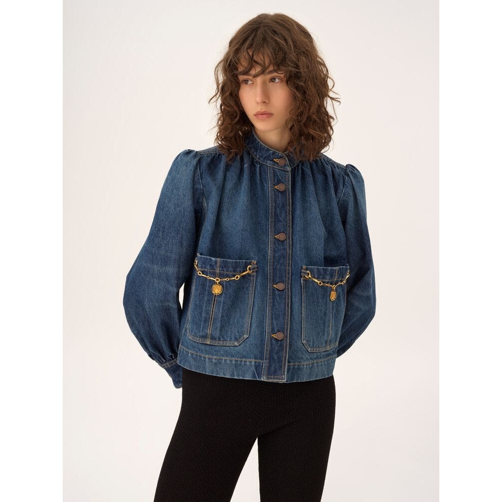 NWT Chloe High Neck Faded Indigo Chain Detail Denim Jacket Womens 36 / US 4