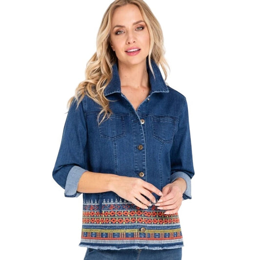 Multiples Blue Multicolor Embroidered Four Pocket Denim Jacket Womens Large