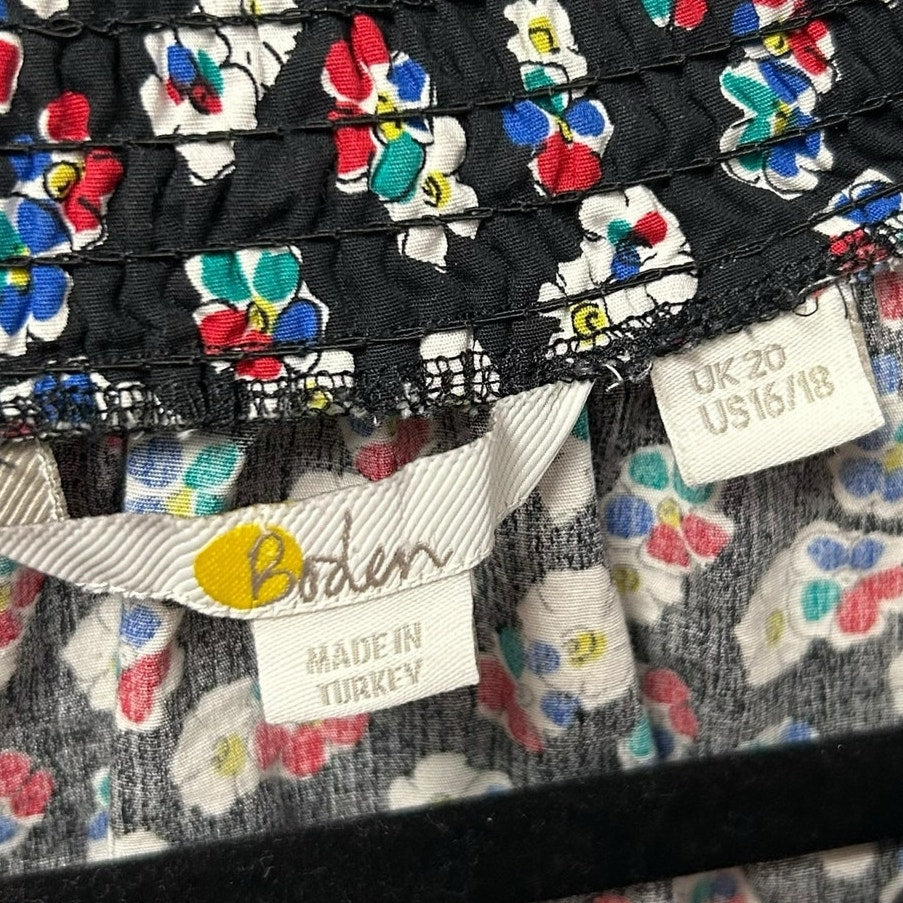 Boden Ellie Smocked Black Multi Floral Print High Neck Top Womens US 16 / 18