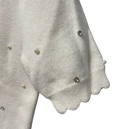 English Factory Scalloped Puff Sleeve Embellishment Knit Sweater Ivory Small