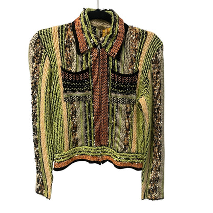 One Girl Who / Pride Wool Blend Metallic Knit Zip Up Cardigan Green Orange Small