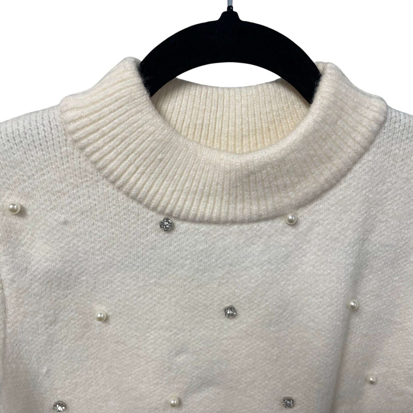 English Factory Scalloped Puff Sleeve Embellishment Knit Sweater Ivory Small