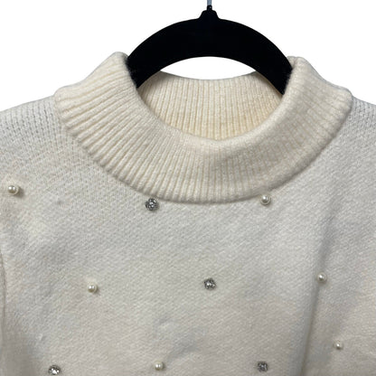 English Factory Scalloped Puff Sleeve Embellishment Knit Sweater Ivory Small