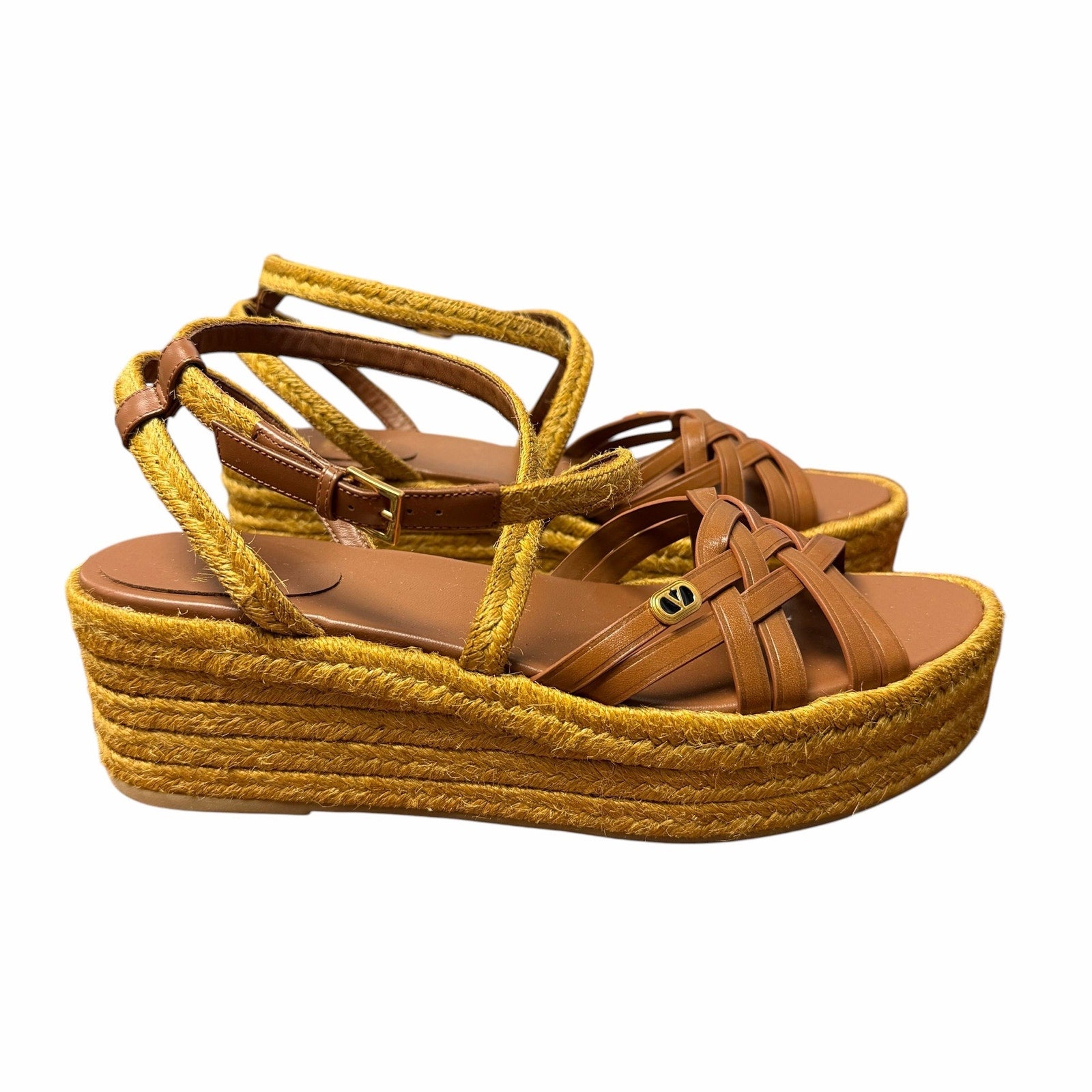 Valentino Garavani Bribri 60 Leather Platform Espadrille Sandals Brown Size US 9