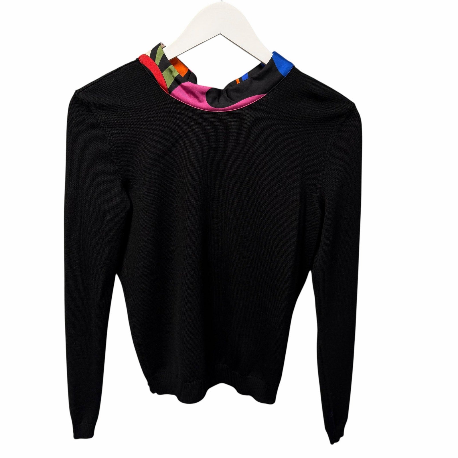 NWT Emilio Pucci Marmo Silk Collar Wool Jumper Sweater Black Tie Back Size Small