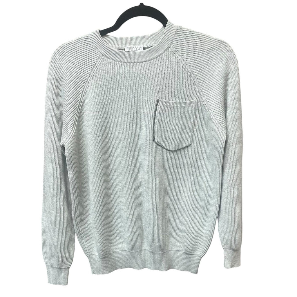 Brunello Cucinelli Cotton Ribbed Knit Sweater Light Grey Pocket Front Size Small