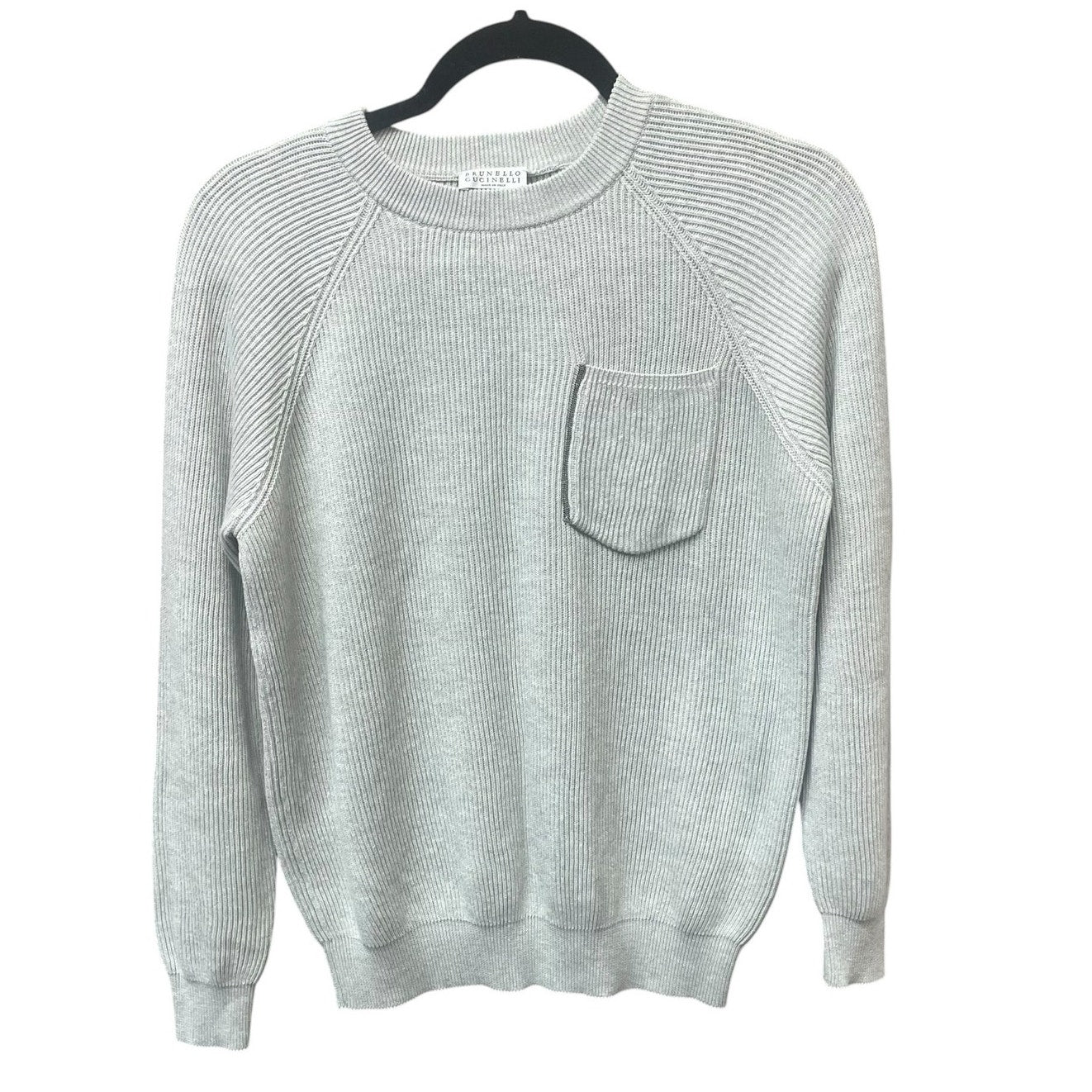 Brunello Cucinelli Cotton Ribbed Knit Sweater Light Grey Pocket Front Size Small
