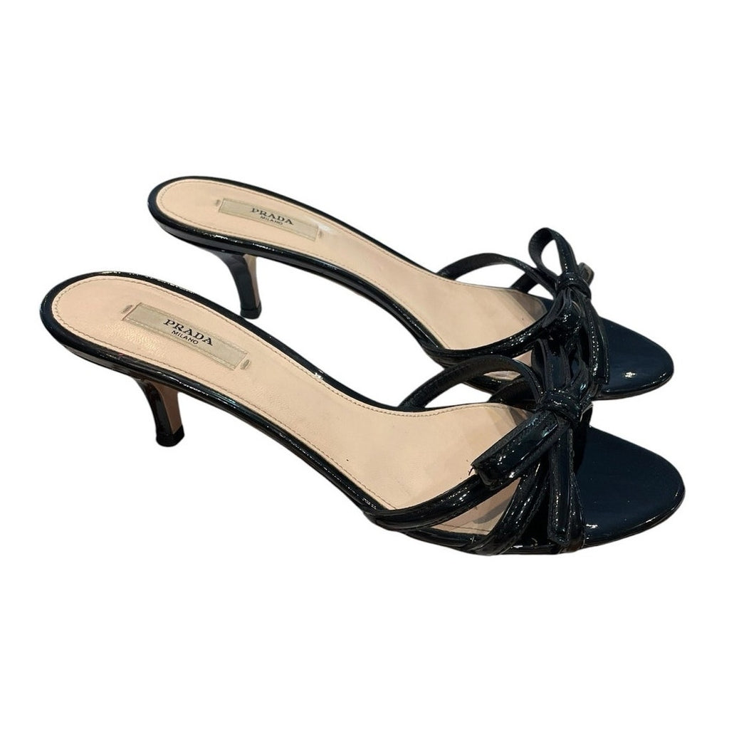 Prada Black Patent Leather Bow Accent Kitten Heels Womens Size 37.5 / US 7.5