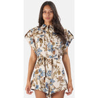 Zimmermann Aliane Roll Cuff Playsuit Khaki Floral Pure Linen Size AU 3 / US 10