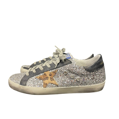 Golden Goose Superstar Silver Glitter Animal Print Star Sneakers Size 39 / US 9