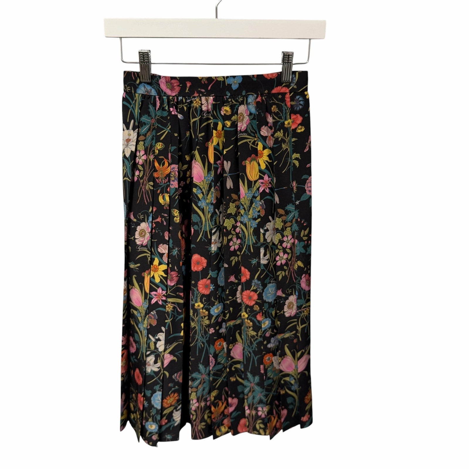 NWT Gucci Silk Pleated Midi Skirt Macro Floral Black Multi Size IT 36 / US 0