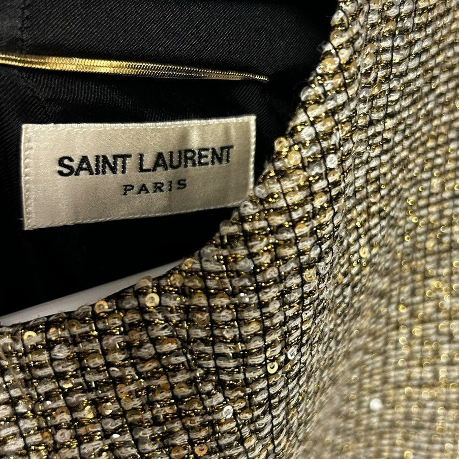 Saint Laurent Sequin Embellished Metallic Tweed Mini Shift Dress Womens 36 US 4