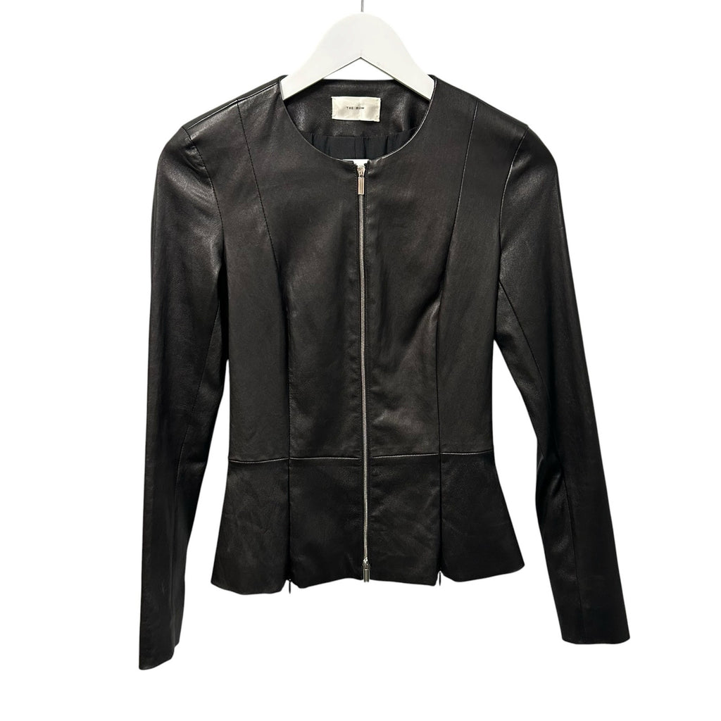 The Row Anasta Black Bonded Leather Zip Up Peplum Jacket Womens 4 Quiet Luxury