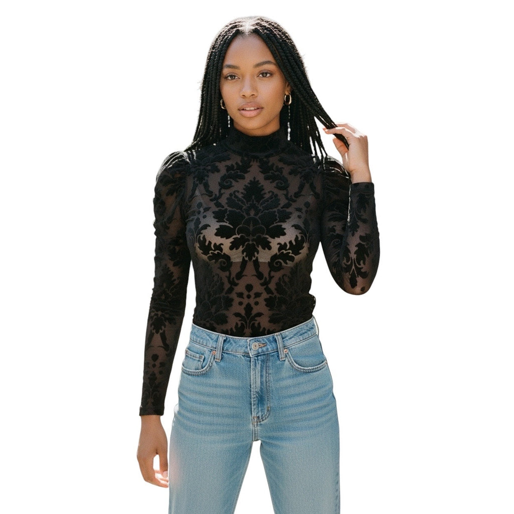 Christian Dior Black Mesh Knit Velour Jacquard Long Sleeve Fitted Top Size Small