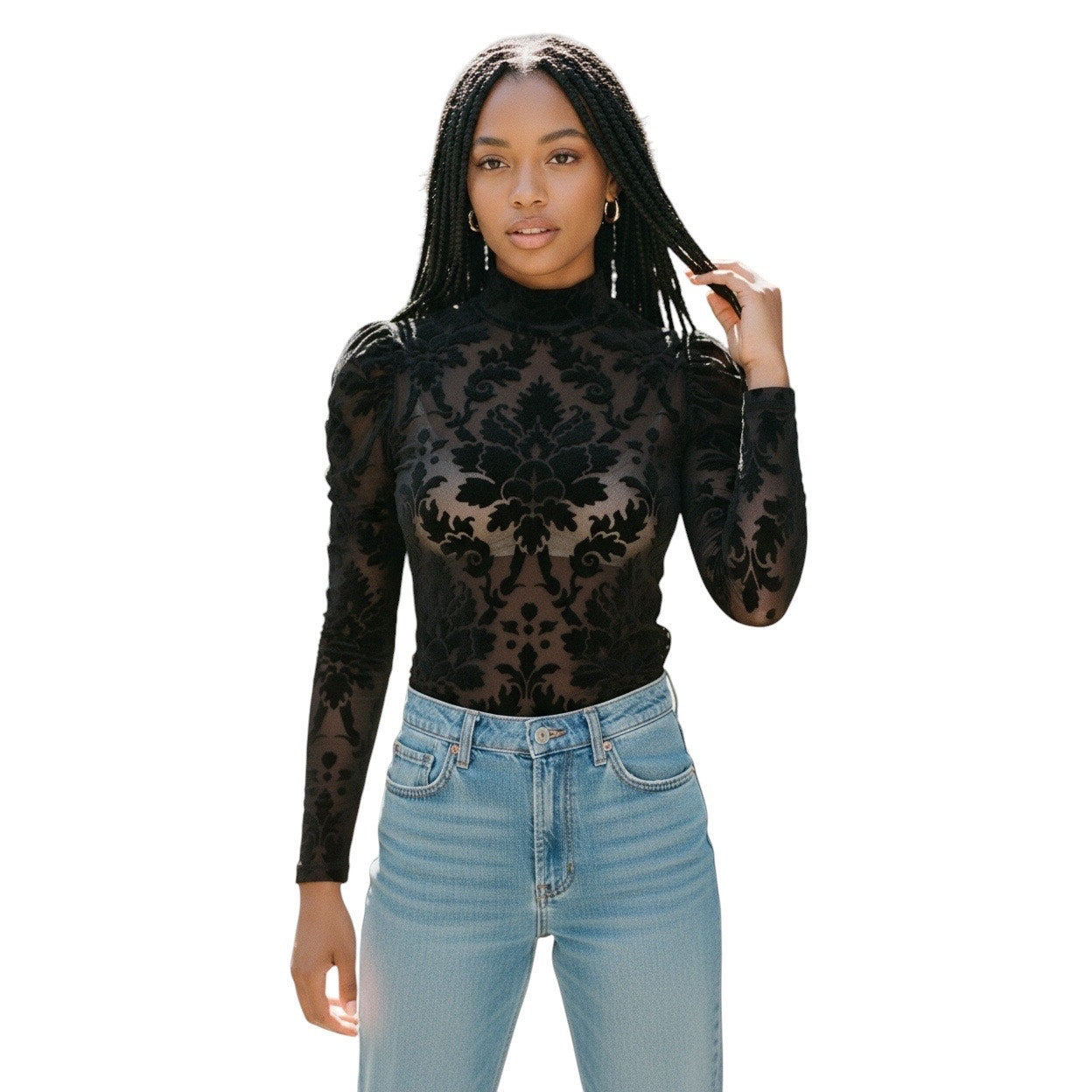 Christian Dior Black Mesh Knit Velour Jacquard Long Sleeve Fitted Top Size Small