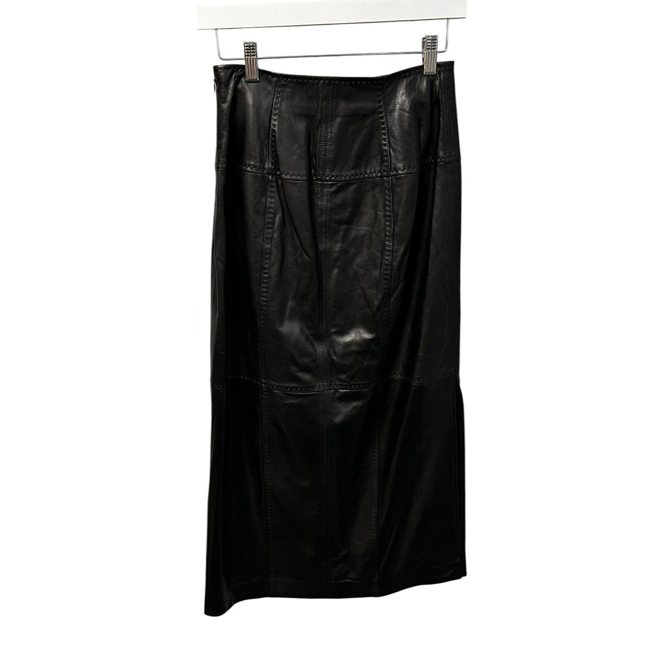 NWT Ulla Johnson Black Enid Paneled Leather High Waist Midi Skirt Womens 0