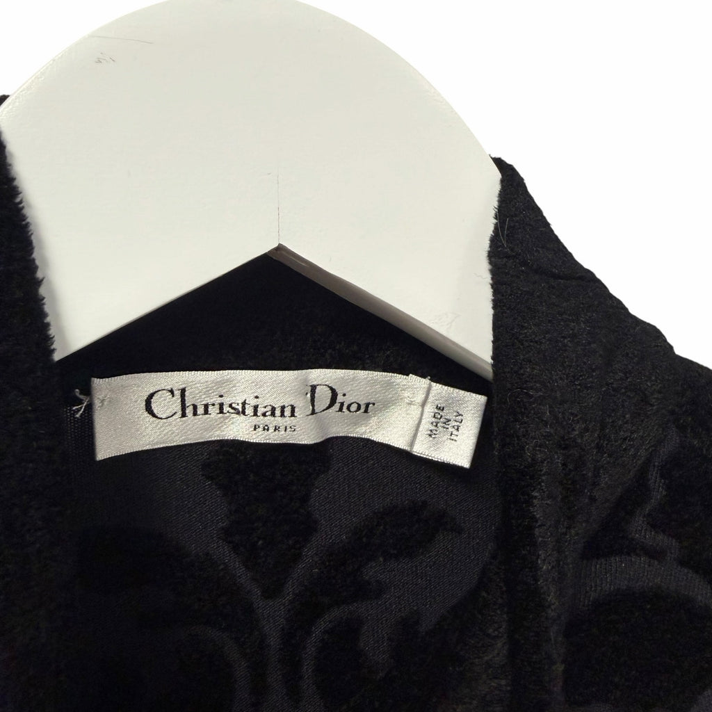Christian Dior Black Mesh Knit Velour Jacquard Long Sleeve Fitted Top Size Small
