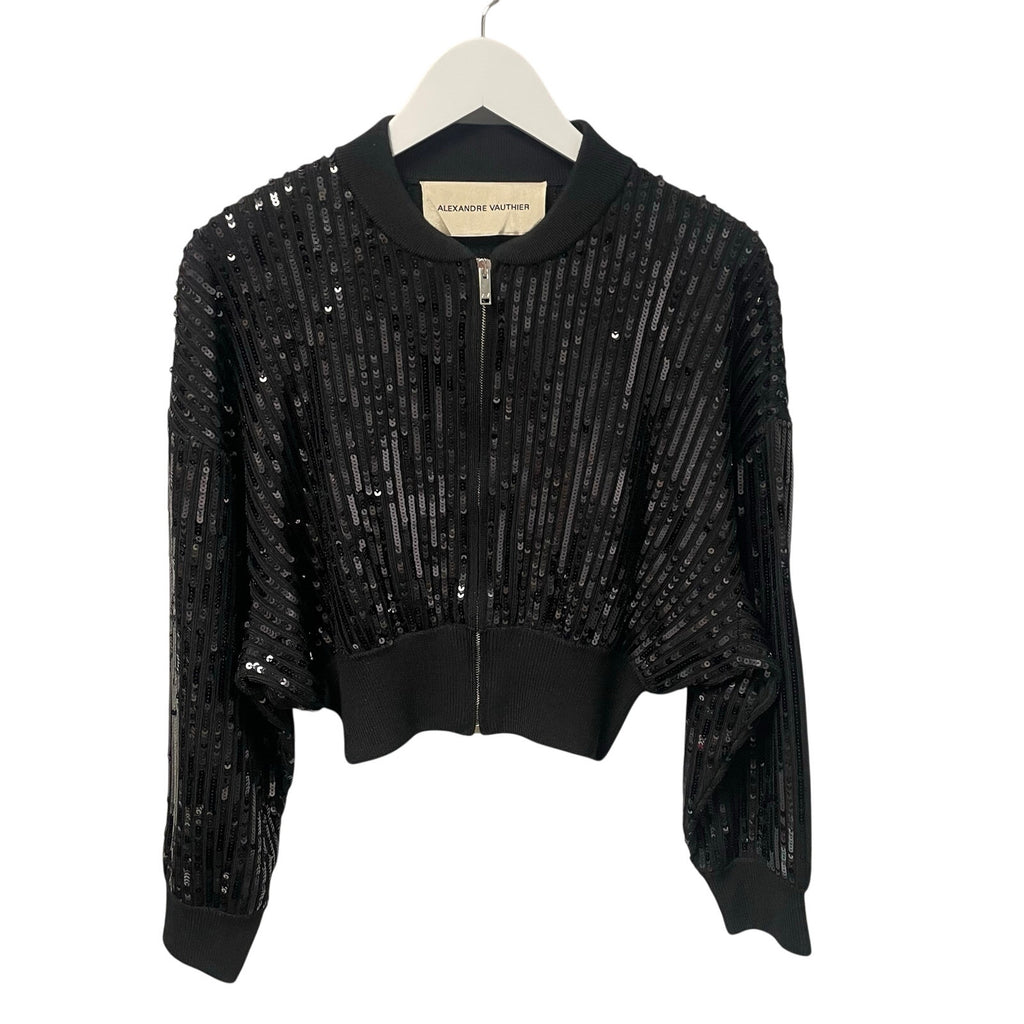Alexandre Vauthier Black Sequined Knit Jacket Full Zip Cropped Womens Size XS