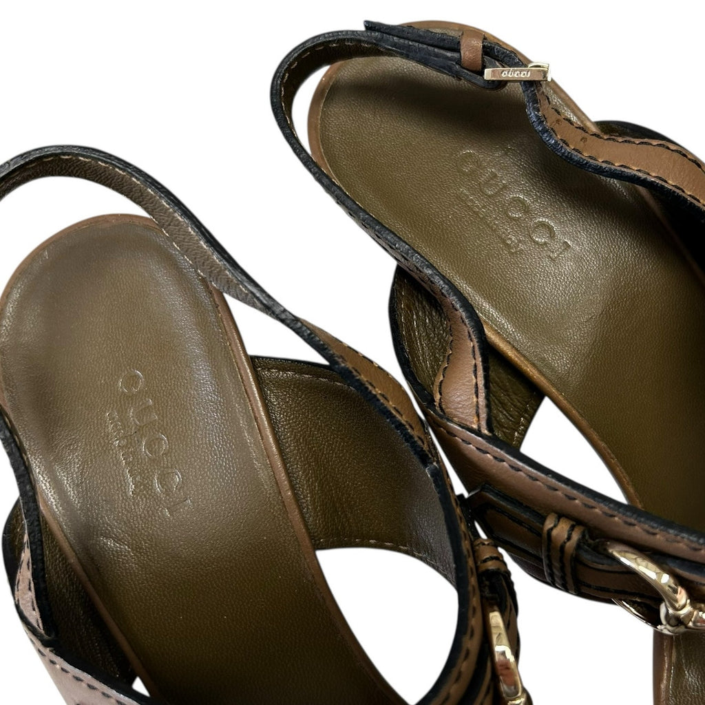Gucci Brown Leather Horsebit Tassel Emily Slingback Heels Womens 37.5 / US 7.5