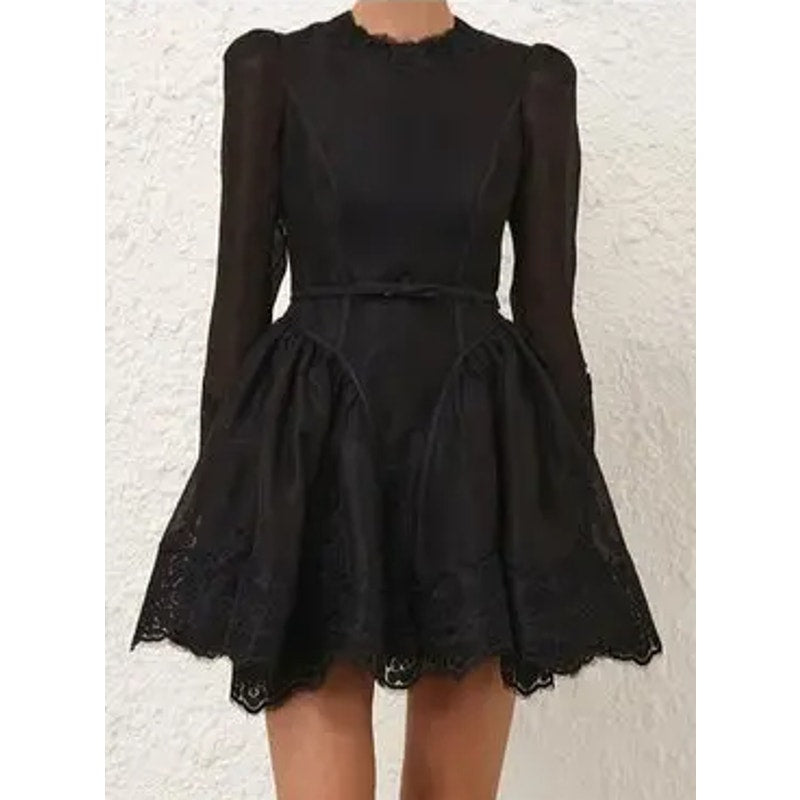 NWT Zimmermann Hypnotic Lace Trim Belted Linen Silk Mini Dress Black US 4
