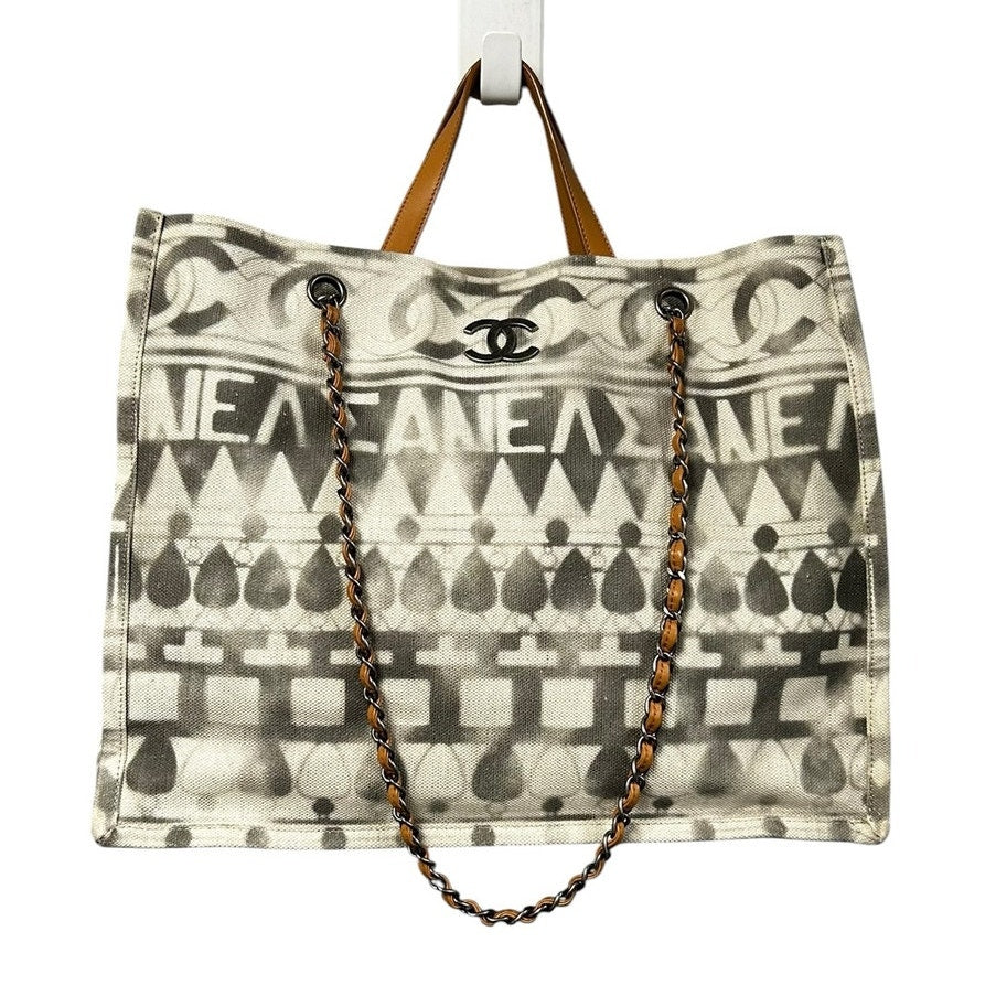 Chanel Cream Gray Canvas Iliad Chain Leather Strap Shopping Tote Bag