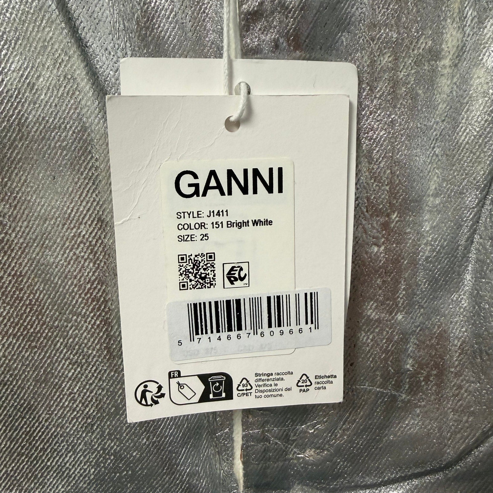 NWT Ganni Foil Denim Stary Pant in Bright White Metallic Silver Womens 25